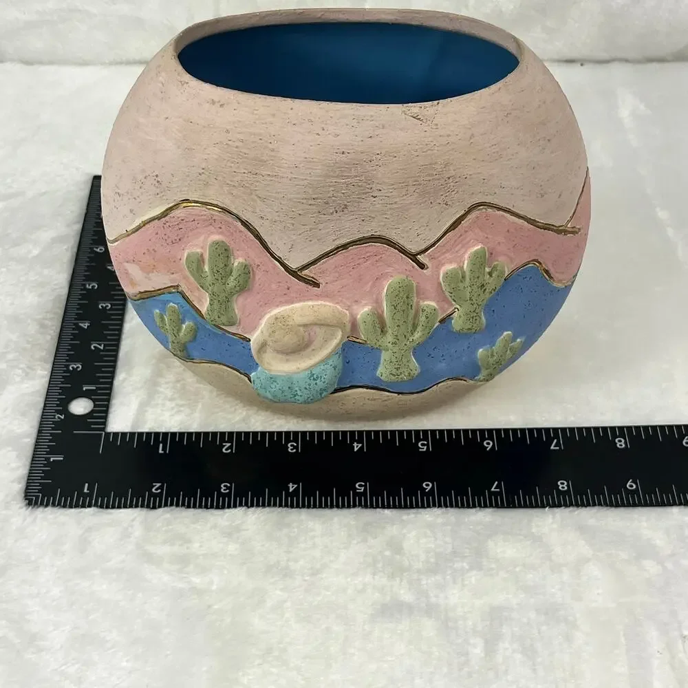 Southwestern Desert Scene Pottery Vase Cactus Sunset Relief Painted 5.5 Handmade